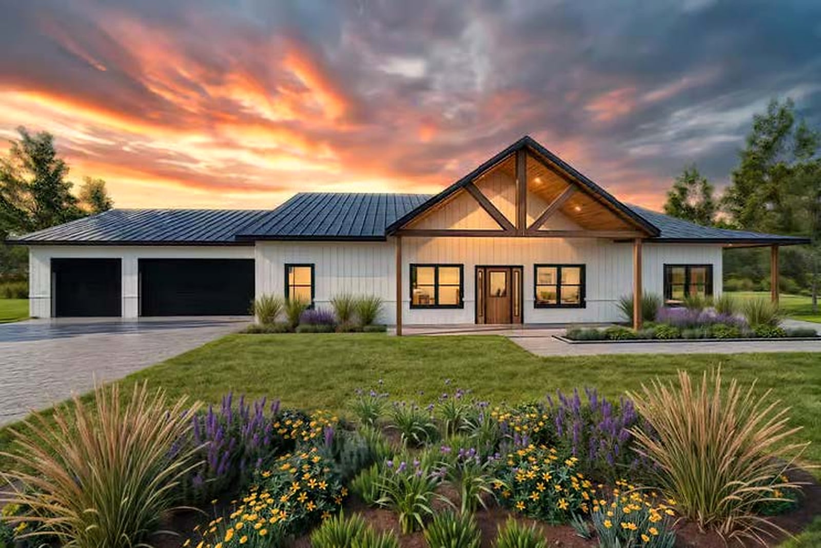 The Stallion model — front facade at sunset, representative of Farmhouses in Center Hill